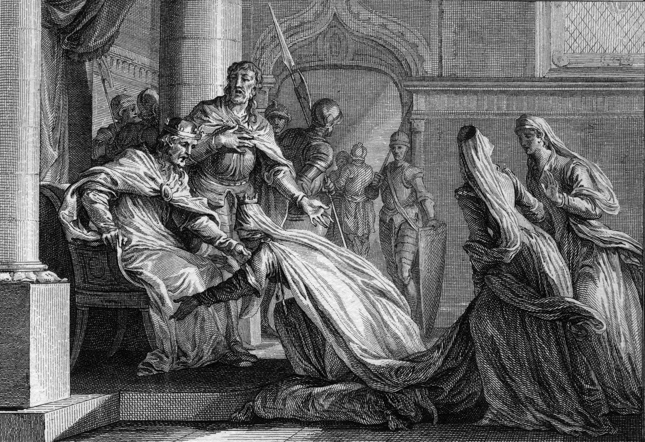 Emma Francouzská (894-934), sestra Huguese Velikého (897-956), padá na nohy. Mariee má Raoula Burgundského (neboli Rodolpha, 890-936), rozhodla se na žádost svého bratra darovat korunu Francie svému manželovi a prohlásila: „Lepší ji polibte od Jean Michel the Younger Moreau