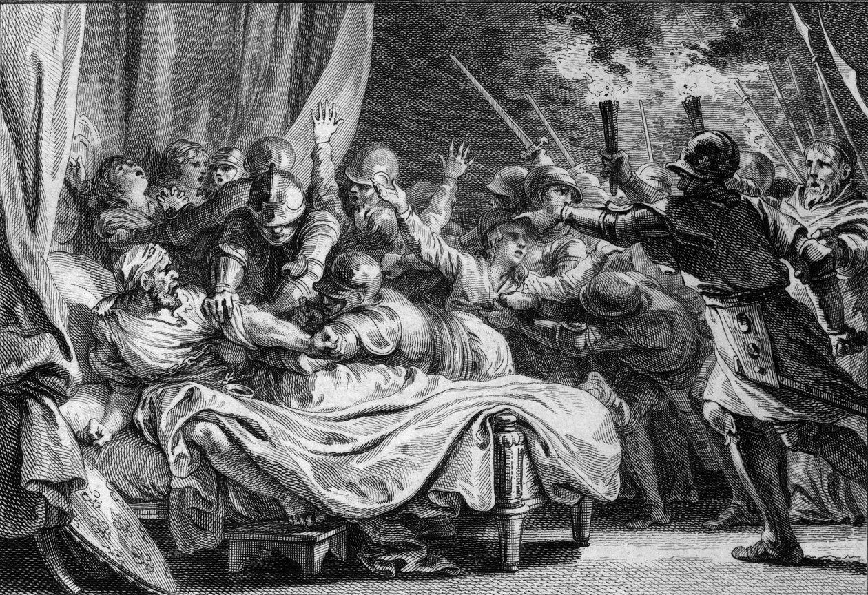 Konec karolínské dynastie, 988: zatčení Karla (953-991), vévody z Dolního Lotrinska, Huguesem Capetem (941-996) a jeho armádou. Rytina Jean Michel Moreau, dit Moreau le Jeune (1741-1814) od Jean Michel the Younger Moreau