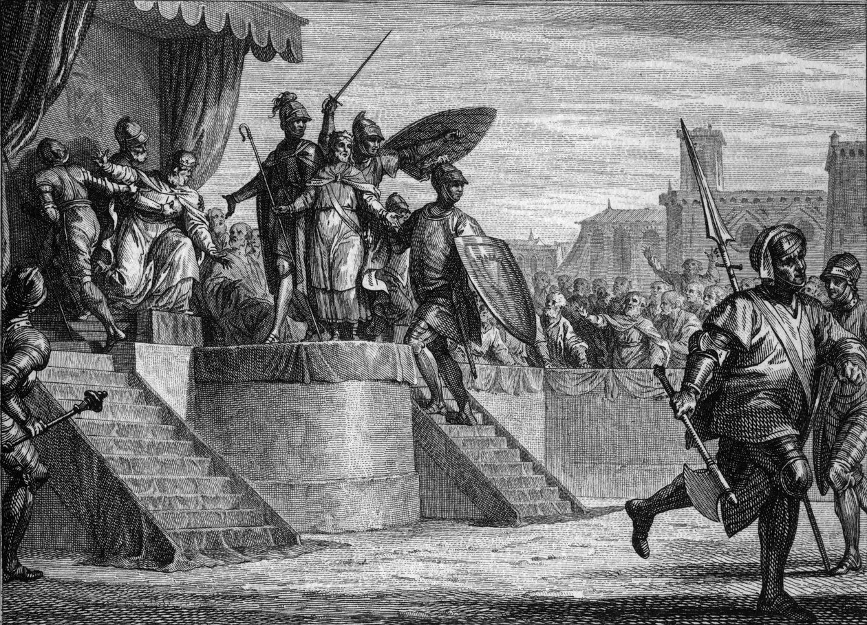 Konec dynastie Merovejců, 751: sesazení krále Childerika III. (asi 714-754) Pepinem Briefem (714-768). Rytina Jean Michel Moreau, dit Moreau le Jeune (1741-1814) od Jean Michel the Younger Moreau