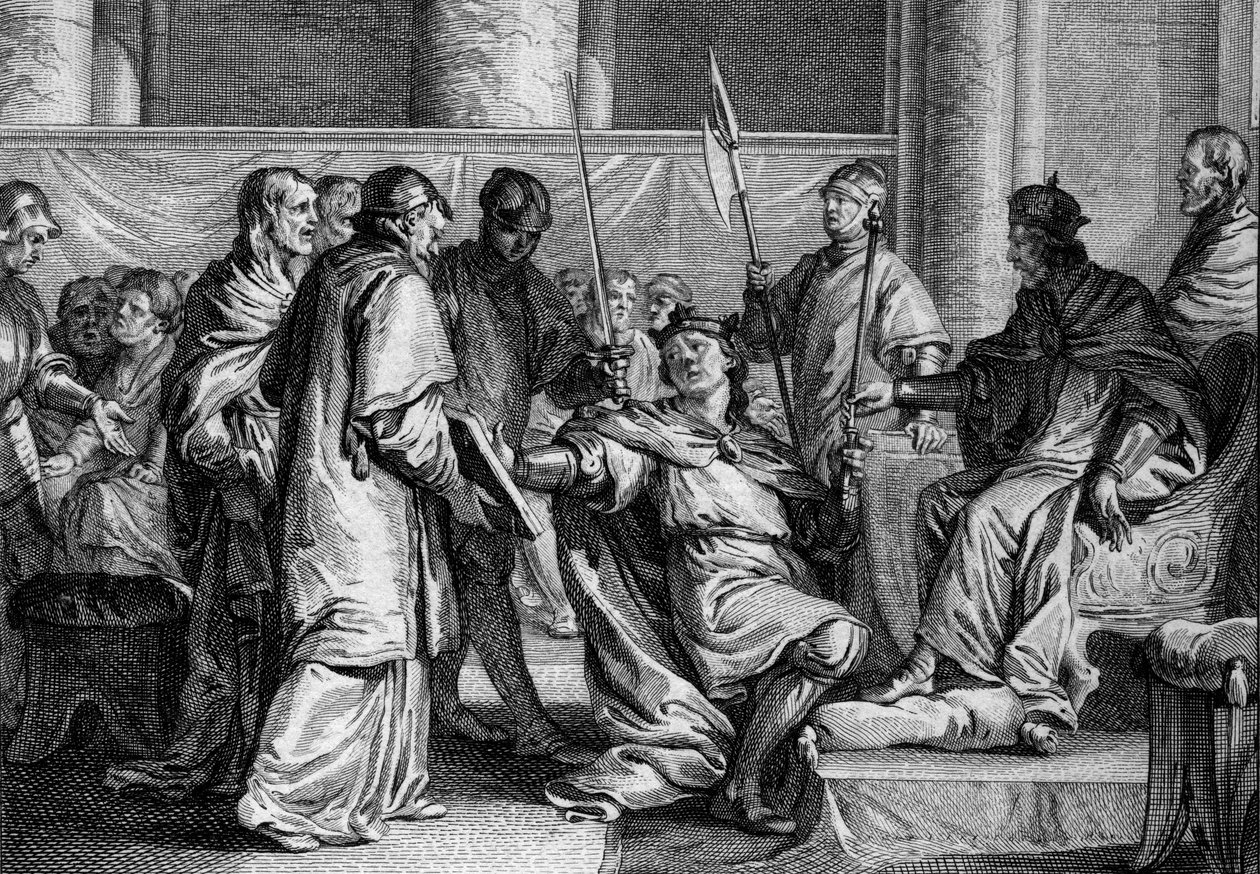 Erispoe (zemřel 857), bretaňský král, obdržel ozdoby království z rukou Karla II. Holohlavého (823-877), 851. Rytina Jean Michel Moreau, dit Moreau le Jeune (1741-1814) od Jean Michel the Younger Moreau