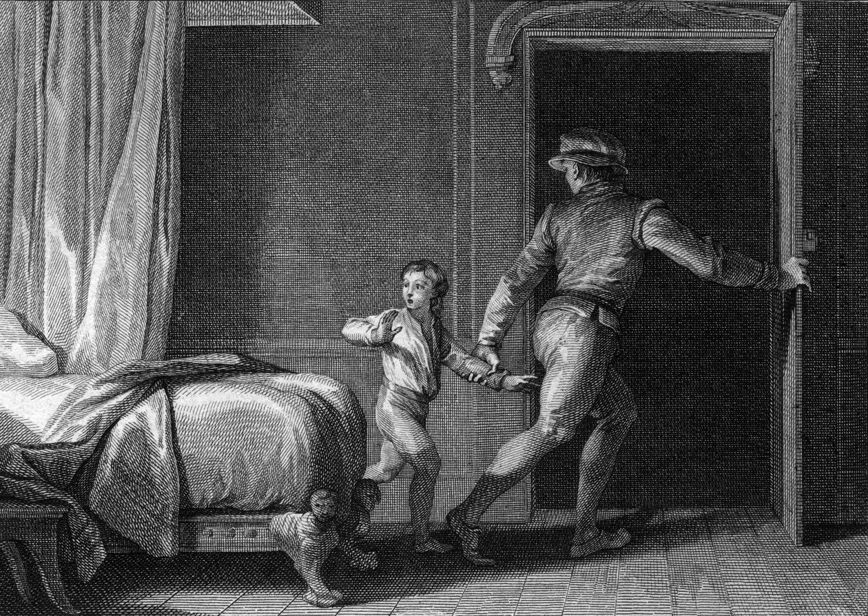 Útěk Richarda, vévody z Nomandie, 944: zajatý ve Francii králem Ludvíkem IV. Zámořským, budoucí Richard I. Normandie (930-996) byl propuštěn díky pomoci Osmonda, jednoho z těchto důstojníků. Rytina Jean Michel Moreau, dit Moreau le Jeun od Jean Michel the Younger Moreau