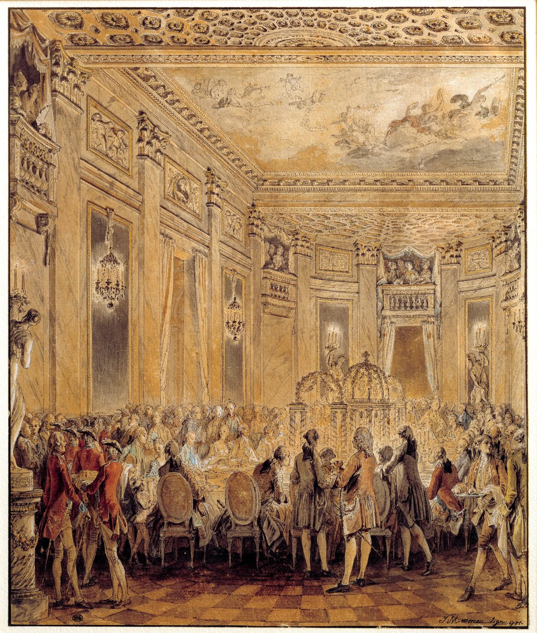 Svátek pořádaný Jeanne Becu, hraběnkou (nebo Madame) z Barry (1743-1793), milenkou Ludvíka XV., na zámku Louveciennes dne 2. září 1771 Akvarel od Jean Michel Moreau le Jeune (1741-1814). Slunce 0,31x0,26 m Paříž, muzeum Louvre od Jean Michel the Younger Moreau