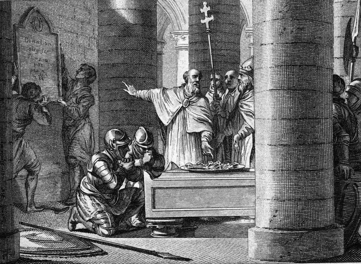 Fulrade (Fulrad), velký kaplan Pepina Briefa, nabídl papeži Štěpánu II. klíče od patnácti měst odebraných Langobardům, která by tvořila základ pontifikálního státu (755). Na kolenou dva synové Pepina le Briefa: Charles a Carloma od Jean Michel the Younger Moreau