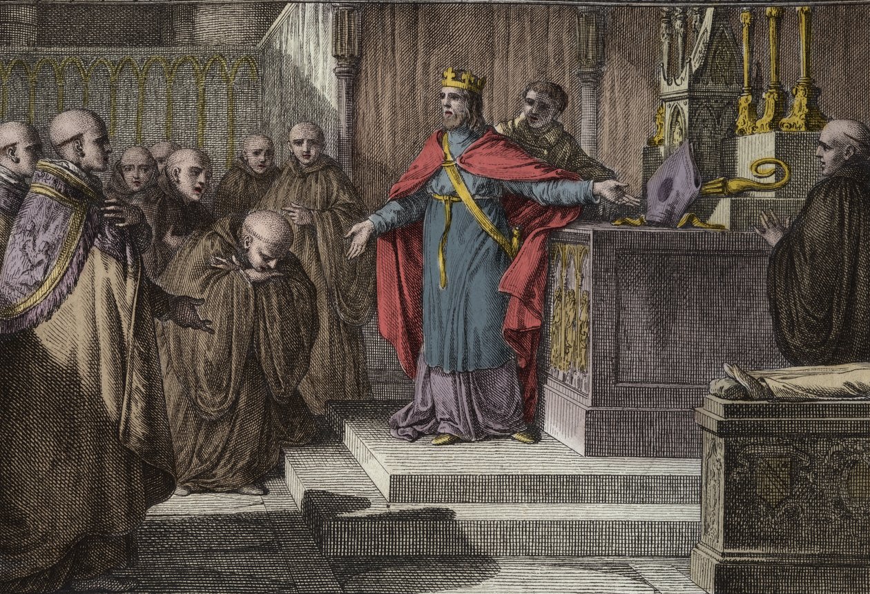Hugues Capet (941-996) obnovil kanonické volby: král Franků dovolil mnichům volit své abbé umístěním kříže a mitry na oltář. Rytina Jean Michel Moreau, dit Moreau le Jeune (1741-1814) od Jean Michel the Younger Moreau