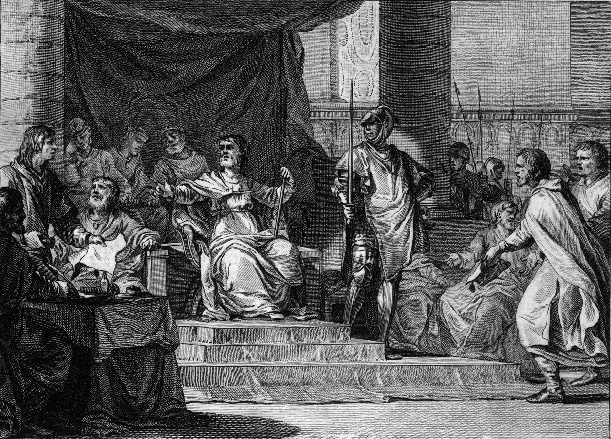 Pomyslná reprezentace panovníka merovejských „líných králů“: Clovis III (682-695), Childebert III (683-711) a Dagobert III (kolem 697-715) spí a sedí za starostou Pepin le Jeune nebo Herstal Palace (kolem 653-714). Rytina od Je od Jean Michel the Younger Moreau
