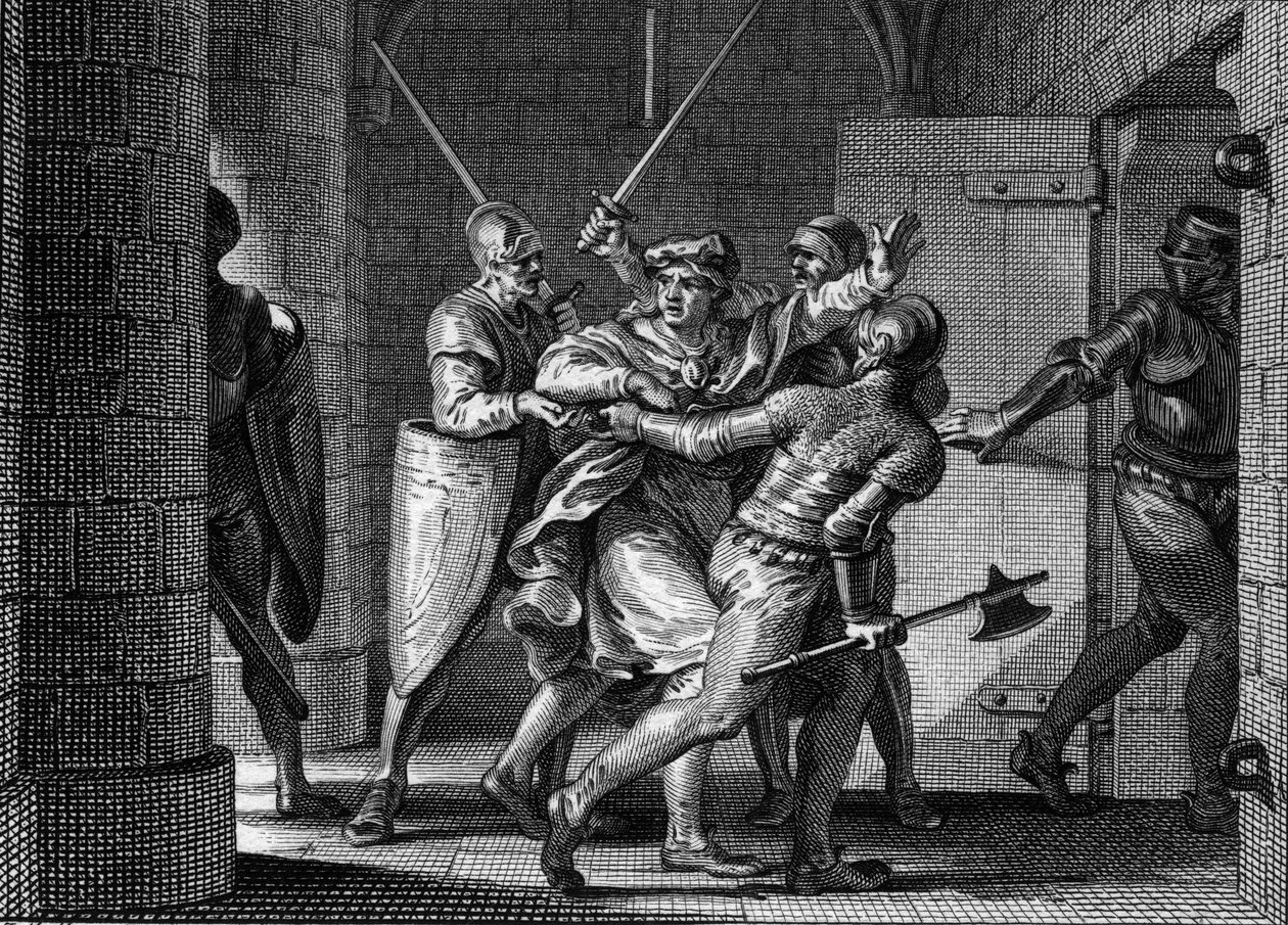 Uvěznění Karla III. Jednoduchého (879-929), 923: Ve víře, že najde útočiště u Herberta z Vermandois, byl bývalý král Franků zrazen druhým a poslán do vězení. Rytina Jean Michel Moreau, dit Moreau le Jeune (1741-1814) od Jean Michel the Younger Moreau