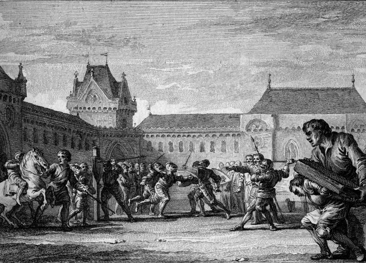 Instituce stránek: zavedení školení ve fyzických a domácích úkolech page metier. Karolinské období, panovník Karla Velikého, 8.-9. Rytina Jean Michel Moreau, dit Moreau le Jeune (1741-1814) od Jean Michel the Younger Moreau