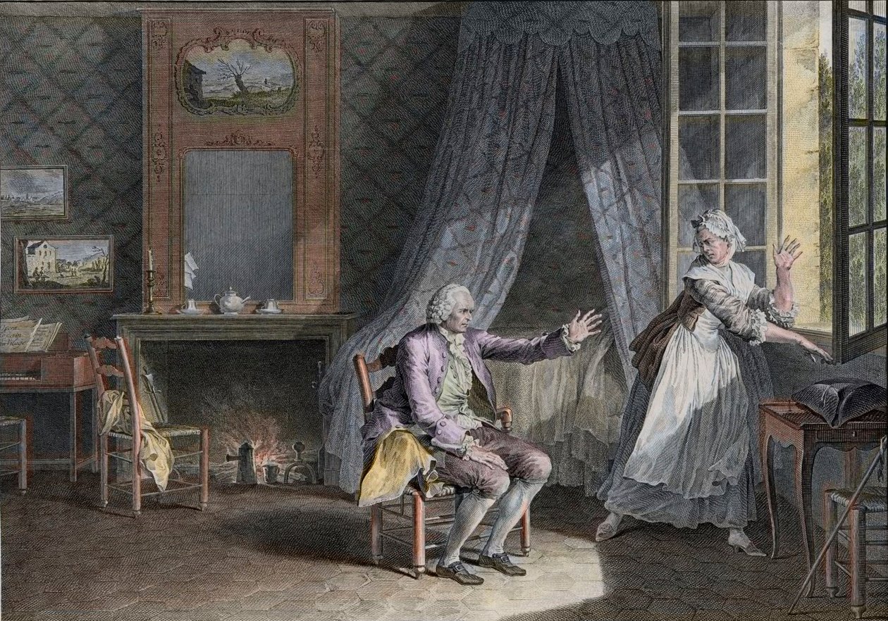 Poslední slova Jeana Jacquese Rousseaua (1712-1778), ženevského anglicky mluvícího spisovatele. Rytina konce 18. století, podle Moreau le Jeune Les Dernieres Paroles Jean-Jacques Rousseau po Moreau, Jean-Michel od Jean Michel the Younger Moreau