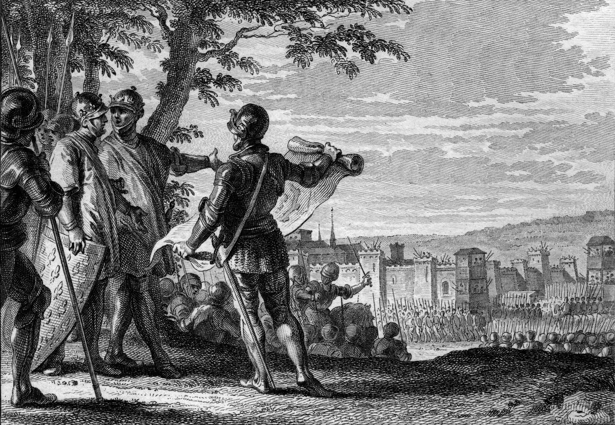 Král Ludvík III. (863-882) a Carloman II. (867-884) obléhali město Vídeň, 883. Rytina Jean Michel Moreau, dit Moreau le Jeune (1741- 1814) od Jean Michel the Younger Moreau