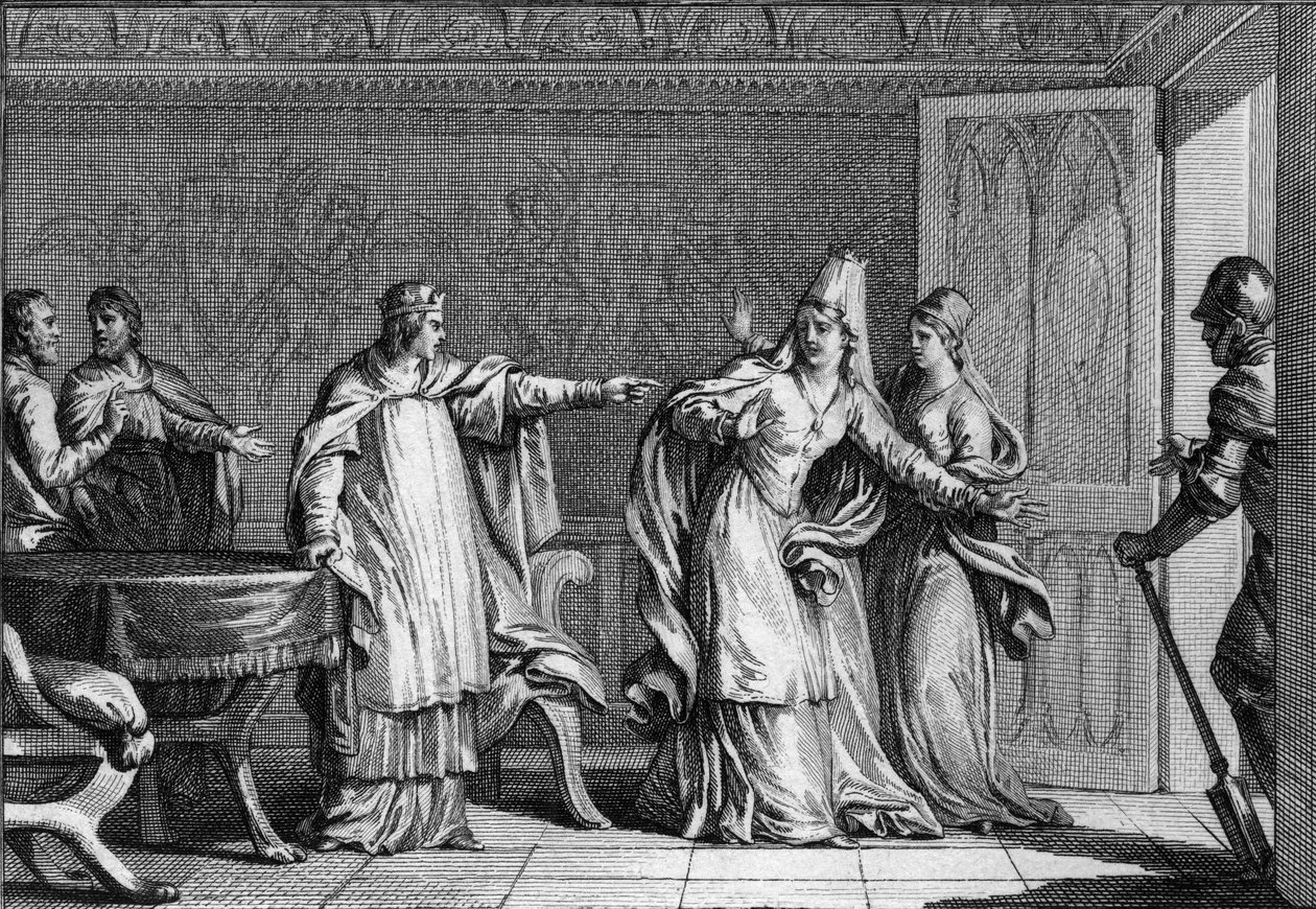 Ludvík V. Faineant (966-987), král Franků, vyhání svou matku, italskou královnu Emmu (945-988), obviněnou z otrávení svého manžela, krále Lothairea (941-986), 987. Rytina Jean Michel Moreau , dit Moreau le Jeune (1741-1814) od Jean Michel the Younger Moreau