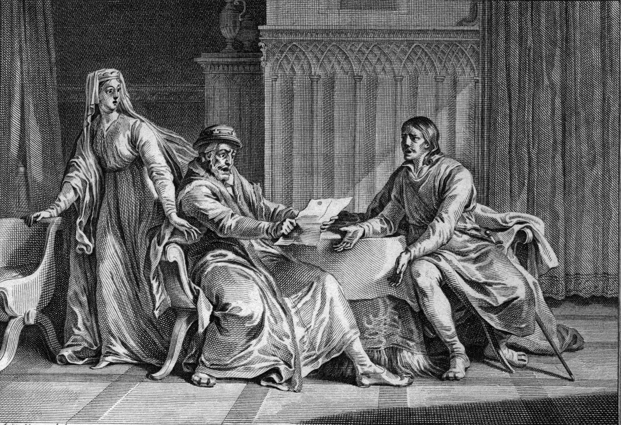 Louis the Gros (1081-1137) ukazuje svému otci Filipovi I. (1052-1108) dopis, ve kterém údajně žádal anglického krále, aby Ludvíka zavraždil. Přítomna je i Bertrade de Montfort (asi 1070-1118), manželka Philippa a údajná autorka dopisu. 1 od Jean Michel the Younger Moreau