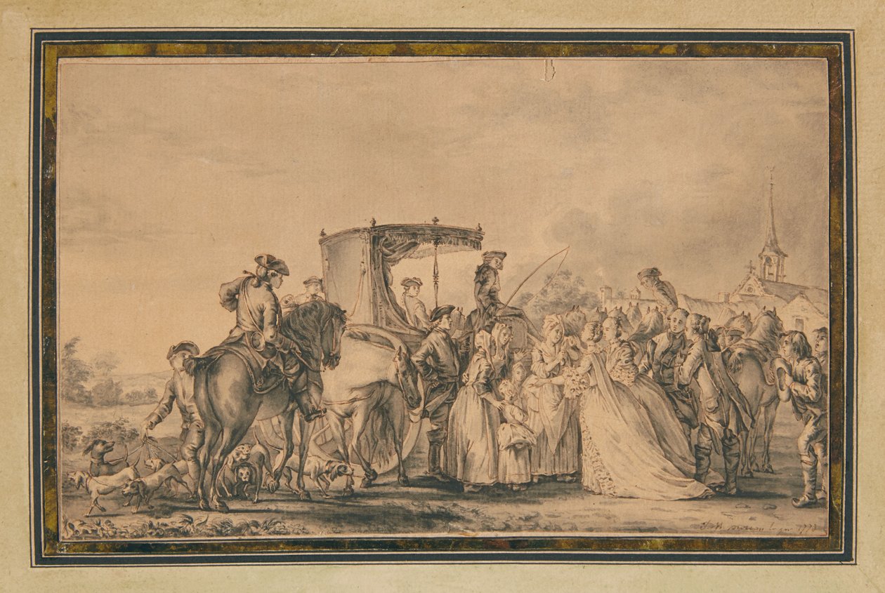 Marie Antoinetta, vystupující z kočáru a obklopená svým doprovodem, utěšující rolníka, 1773 od Jean Michel the Younger Moreau