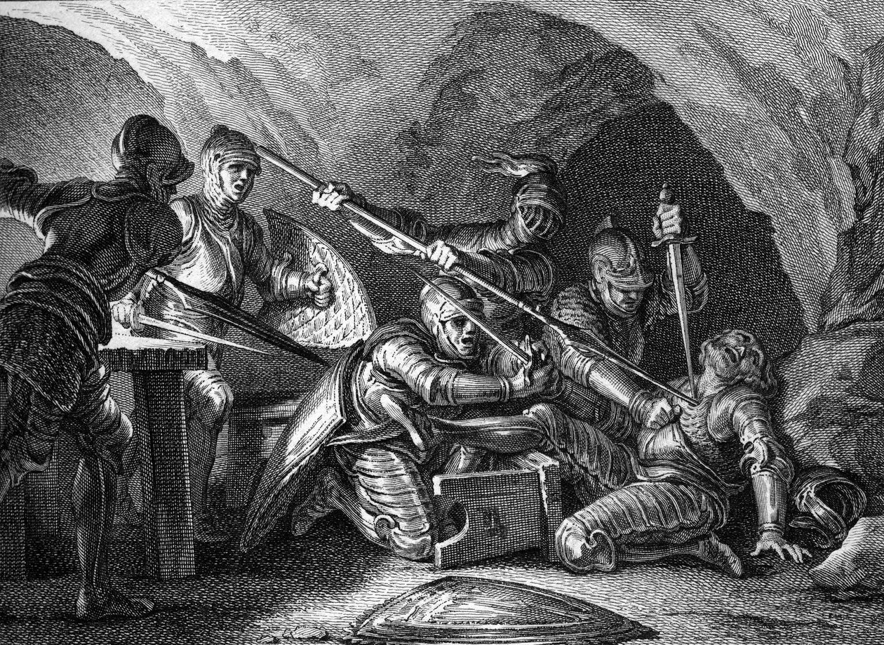 Setkání Akvitánského vévodství ke koruně: Zavraždění Waifrea (nebo Gaifiera), vévody Akvitánského (767 nebo 768). Rytina od Romaneta podle Moreau le jeune (1779). od Jean Michel the Younger Moreau