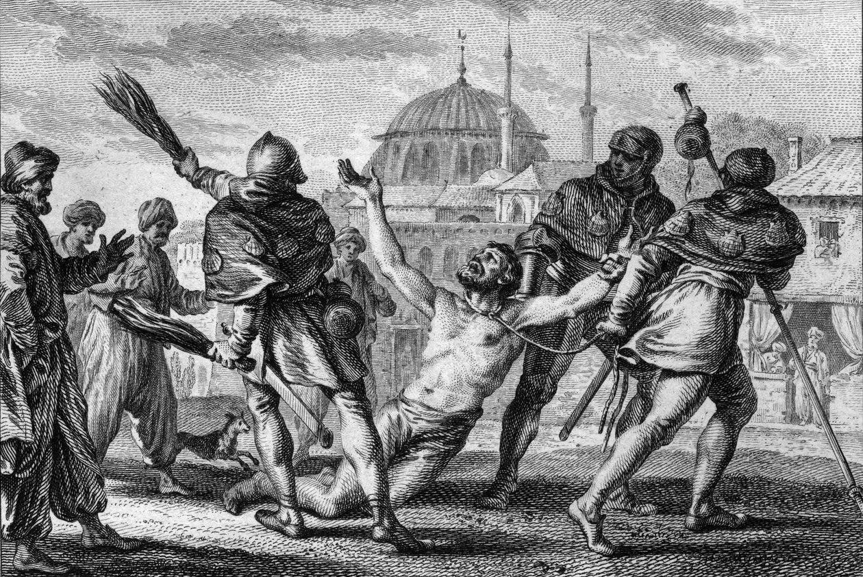 Nerra lysky (972/987-1040), hrabě z Anjou, pouť v Jeruzalémě. Nechá se vláčet nahý, s provazem uvázaným na krku, v ulicích města, zatímco jeden z jeho panošů ho bičuje yardy a prosí Boha o milost. 11. století. Rytina Jean Mich od Jean Michel the Younger Moreau
