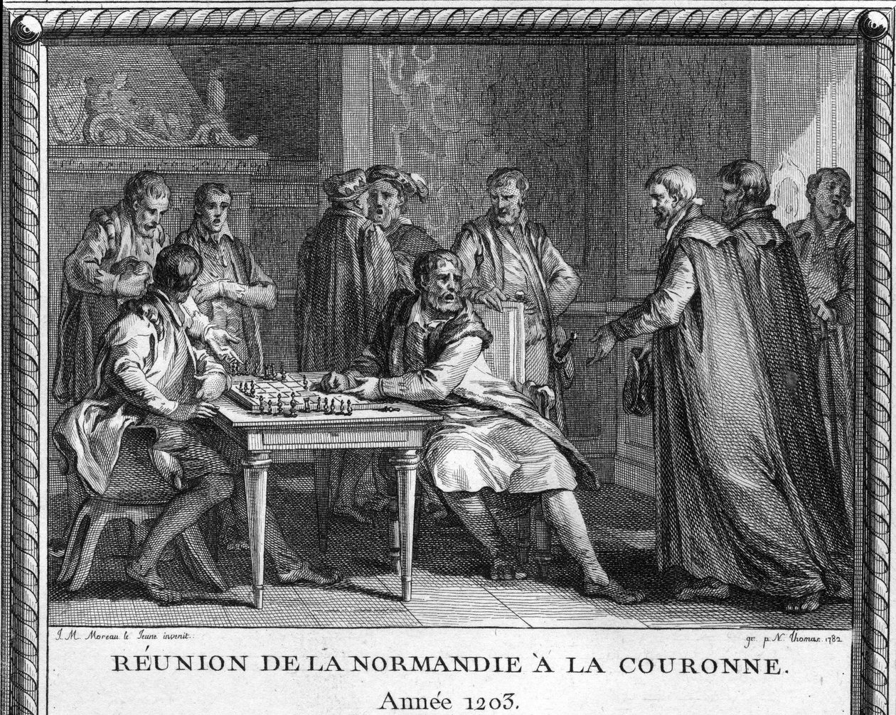Připojení Normandie k Francii v roce 1203: rytina představuje Jean Sans Terre (1167-1216), který dostává zprávu o dobytí Rouenu francouzským králem Philippem Augustem. Rytina Moreau le jeune od Jean Michel the Younger Moreau