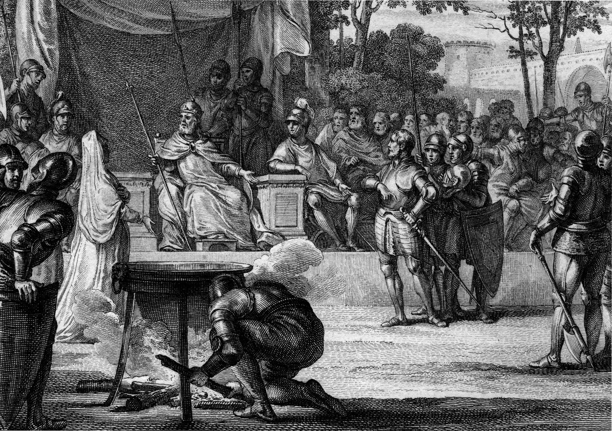Ordalies neboli „Boží soudy“, 831: obviněn ze zrady vůči Ludvíku I. Pobožnému nebo Debonnaireovi (778–840), Judith Welfové (805–843), jeho manželce a Bernardovi ze Septimanie (asi 800–844), komoří království, pokuste se dokázat svou nevinu před a od Jean Michel the Younger Moreau