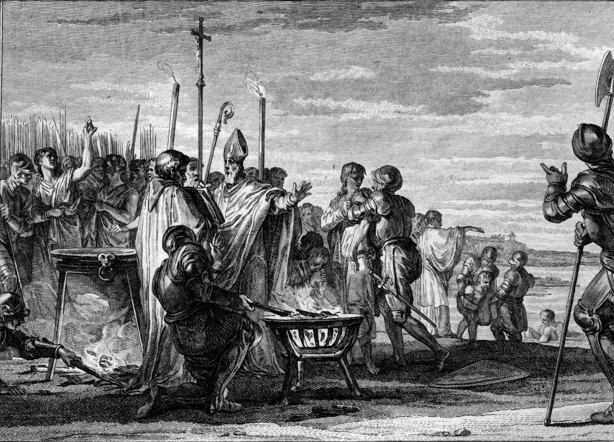 Ordálie neboli „Boží soudy“, 877: představitelé Ludvíka Germánského, který přišel Ludvíkovi II. nárokovat plešatou polovinu lotrinského království, souhlasili, že se podrobí zkouškám horkého železa, vařící vody a studené vody. Rytina Jean Michel Mor od Jean Michel the Younger Moreau