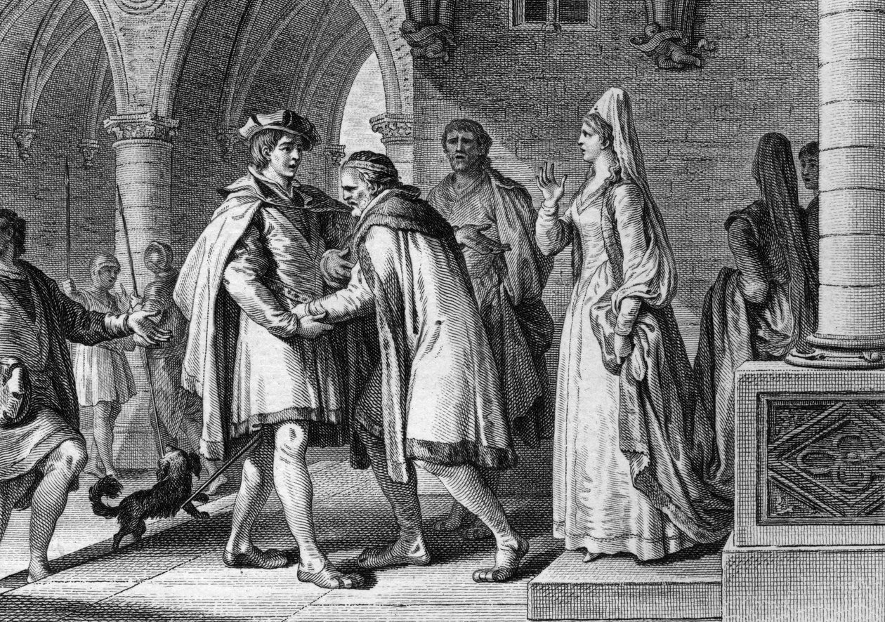 Filip I. (1052-1108), král franků, navštěvující dvůr hraběte z Anjou, Foulques le Rechin (1042-1109). Tato cesta je záminkou pro domluvení jeho sňatku s Bertrade de Montfort (kolem 1070-1118), manželkou hraběte. 1095. Rytina Jean Mich od Jean Michel the Younger Moreau