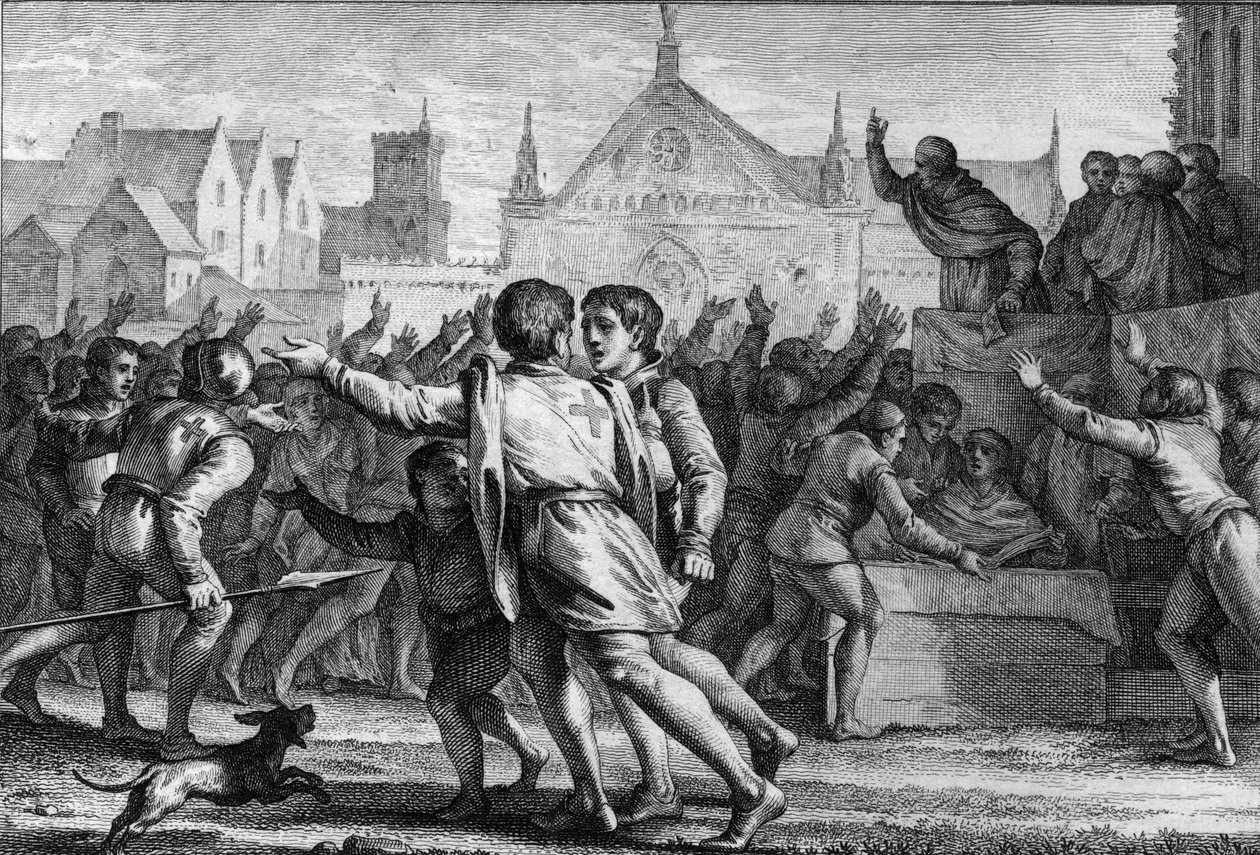Papež Urban II. (1042-1099) hájící dav na Clermontském koncilu, aby povzbudil obyvatelstvo k účasti na první křížové výpravě a k získání červeného látkového kříže, symbolu rytin od Jean Michel the Younger Moreau