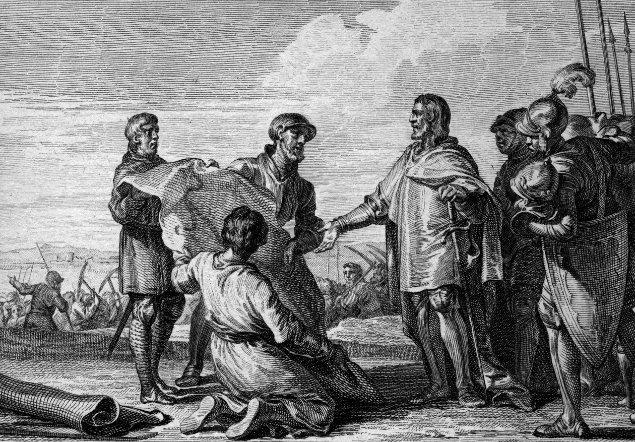 Projekt kanálu mezi Rýnem a Dunajem, 793: Karel Veliký (747-814) na návštěvě místa kanálu spojujícího Severní moře s Černým mořem. Rytina Jean Michel Moreau, dit Moreau le Jeune (1741-1814) od Jean Michel the Younger Moreau