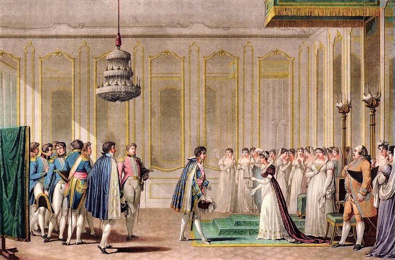 Zástupný návrh k sňatku od Napoleona předložený rakouské císařovně princem z Neufchatel (Louis-Alexandre Berthier) - rytina po Jean-Michel Moreau le jeune - V pokoji jeho bytu Imperatrice Marie Louise Rakouská (Marie-Louise) (1791- 18 od Jean Michel the Younger Moreau