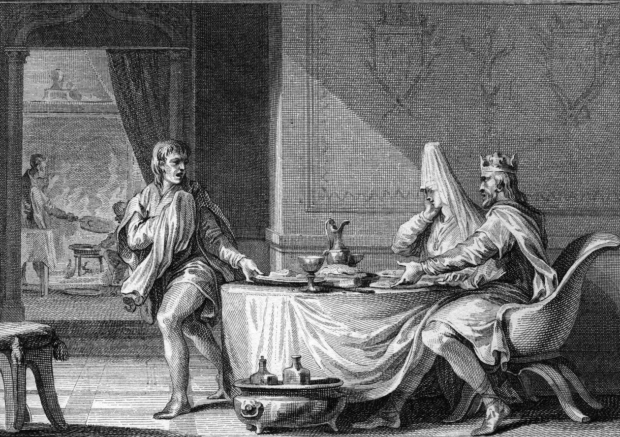 Robert II. Pieux (asi 970-1031), francouzský král, exkomunikován v roce 997 po sňatku se svou sestřenicí Berthe Burgundskou. Rytina Moreau the Young 18. století. od Jean Michel the Younger Moreau