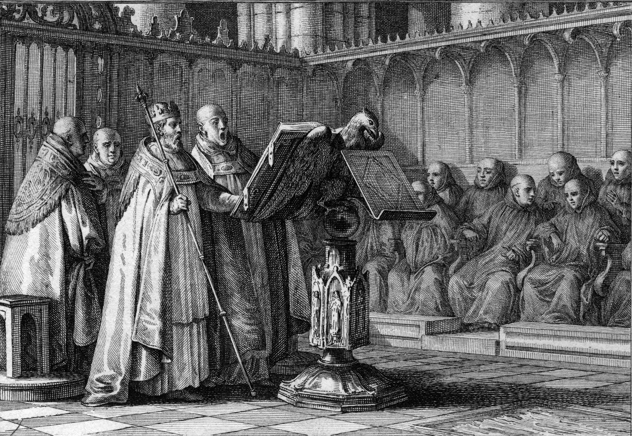 Robert II. zbožný (970-1031), král Franků, zpívá při bohoslužbě před řečnickým pultem. Nosí jeho korunu a drží jeho žezlo. Rytina Jean Michel Moreau, dit Moreau le Jeune (1741-1814) od Jean Michel the Younger Moreau