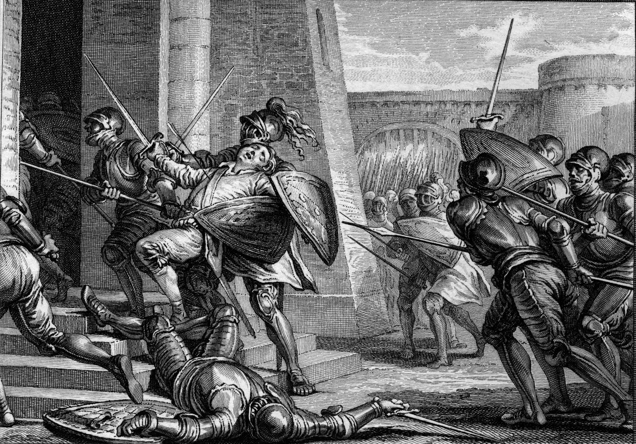 Robert the Fort zemřel (asi 815-866), vévoda z Francie, během bitvy u Brissarthe, v roce 866, když se postavil frankům proti armádě spojující Bretona a Vikinga. Rytina Jean Michel Moreau, dit Moreau le Jeune (1741-1814) od Jean Michel the Younger Moreau