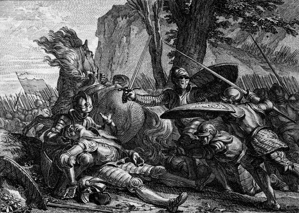 Roland zemřel během bitvy u Roncesvaux mezi armádou Karla Velikého a armádou Saracénů. 778. Rytina Jean Michel Moreau, dit Moreau le Jeune (1741- 1814) od Jean Michel the Younger Moreau