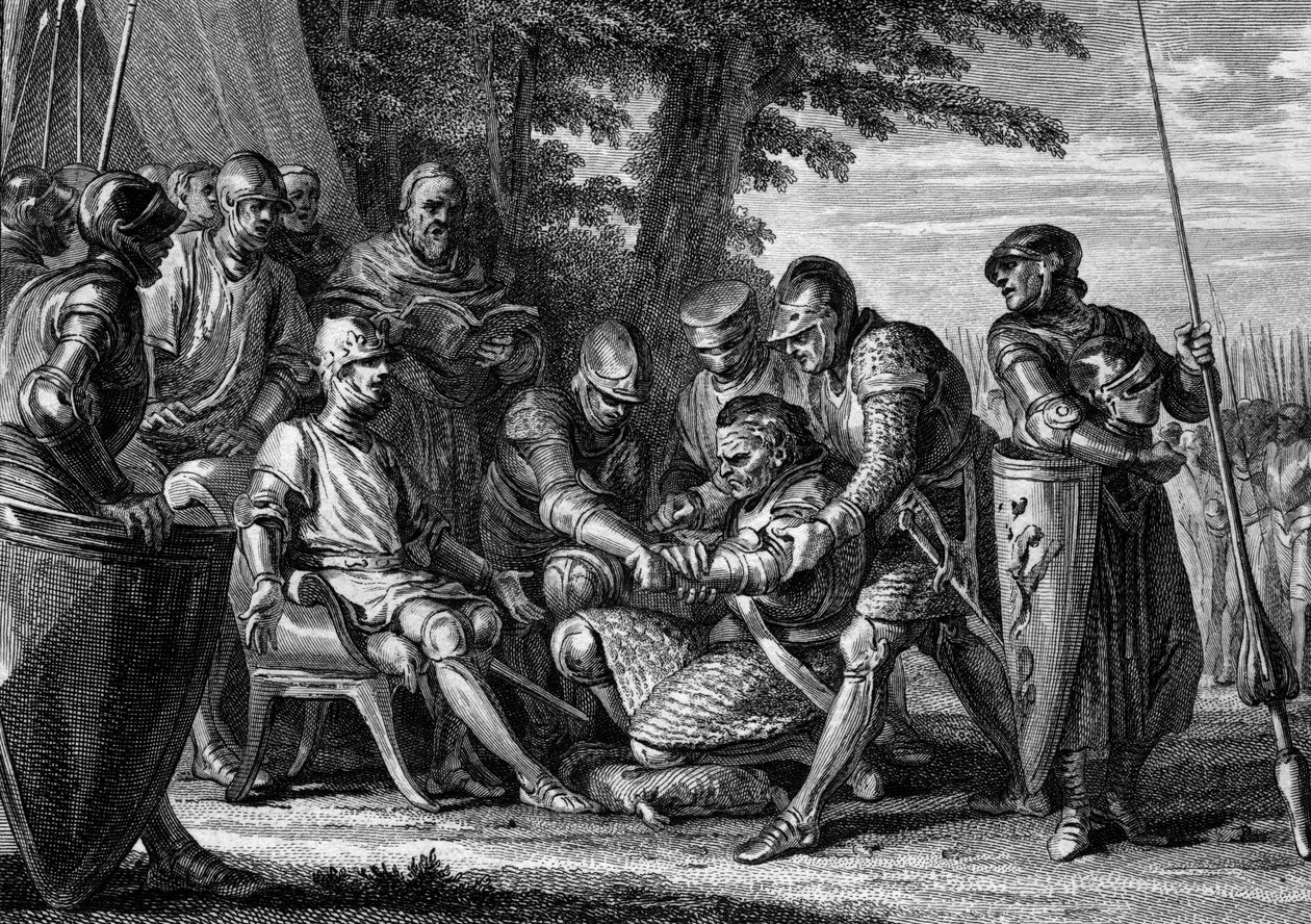 Rollon (asi 860-933), náčelník Vikingů, odmítá políbit nohu králi Karlu III. Prostému (879-929), 912. Rytina Jean Michel Moreau, dit Moreau le Jeune (1741-1814) od Jean Michel the Younger Moreau