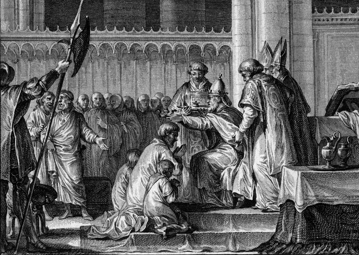 Svatý Pepin The Brief (714-768), bazilika Saint Denis, 28. července 754: Papež Štěpán II. ho vysvětil králem Franků a Patricea Římanů (Patricius Romanorum). Po jeho boku jeho dva synové, Carloman a Charles (budoucí Karel Veliký). Rytina od Jean Michel the Younger Moreau