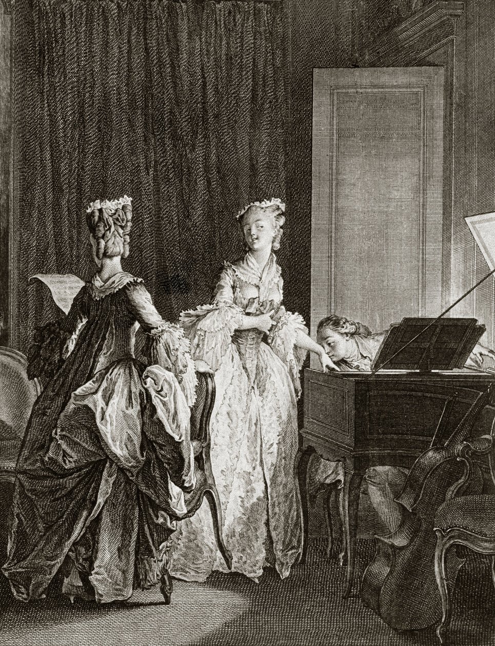 Saint Preux a Claire u cembala v „Julie ou la nouvelle Heloise““ od švýcarského filozofa Jean Jacques (Jean-Jacques) Rousseau (1712-1778) - rytina Moreau le jeune, Jean Michel (1741-1814) (Saint14 -Preuxi, usadí se u cembala, polib od Jean Michel the Younger Moreau