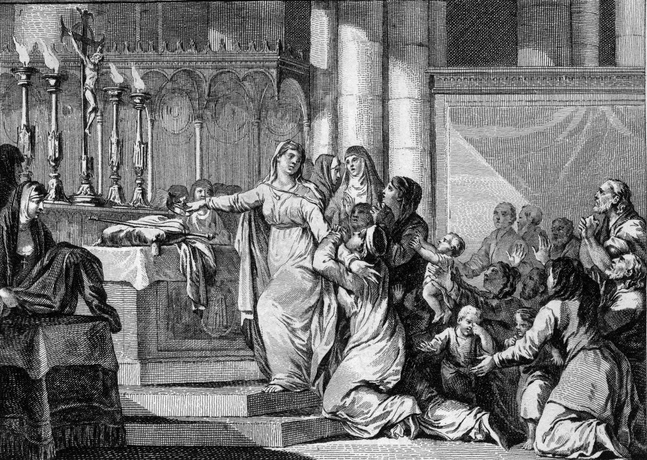 Sainte Bathilde (neboli Batilde, Bathylle, Beaudour) (626-680), královna franků a vdova po Clovisovi II., se rozhodla vzít závoj v klášteře Chelles v roce 665. Jeho poddaní se ho snaží zastavit. Rytina Jean Michel Moreau, dit Moreau le Jeune (1741-1 od Jean Michel the Younger Moreau