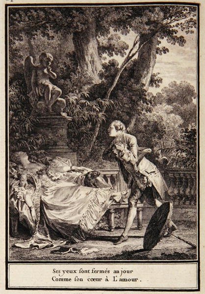 „Její oči jsou zavřené do dne, když její srdce má lásku“, ilustrace z „Choix de Chansons“ od Laborde od Jean Michel the Younger Moreau