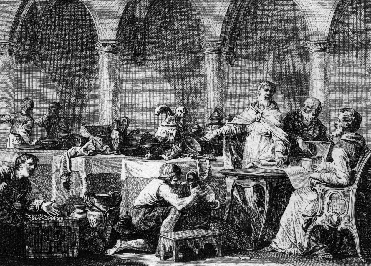 Sdílení Tresorů Dagoberta I. (602/605-638), krále franků, po jeho smrti pod kontrolou dvou starostů paláce Pepin v Landenu a Aega. Rytina Jean Michel Moreau, dit Moreau le Jeune (1741-1814) od Jean Michel the Younger Moreau