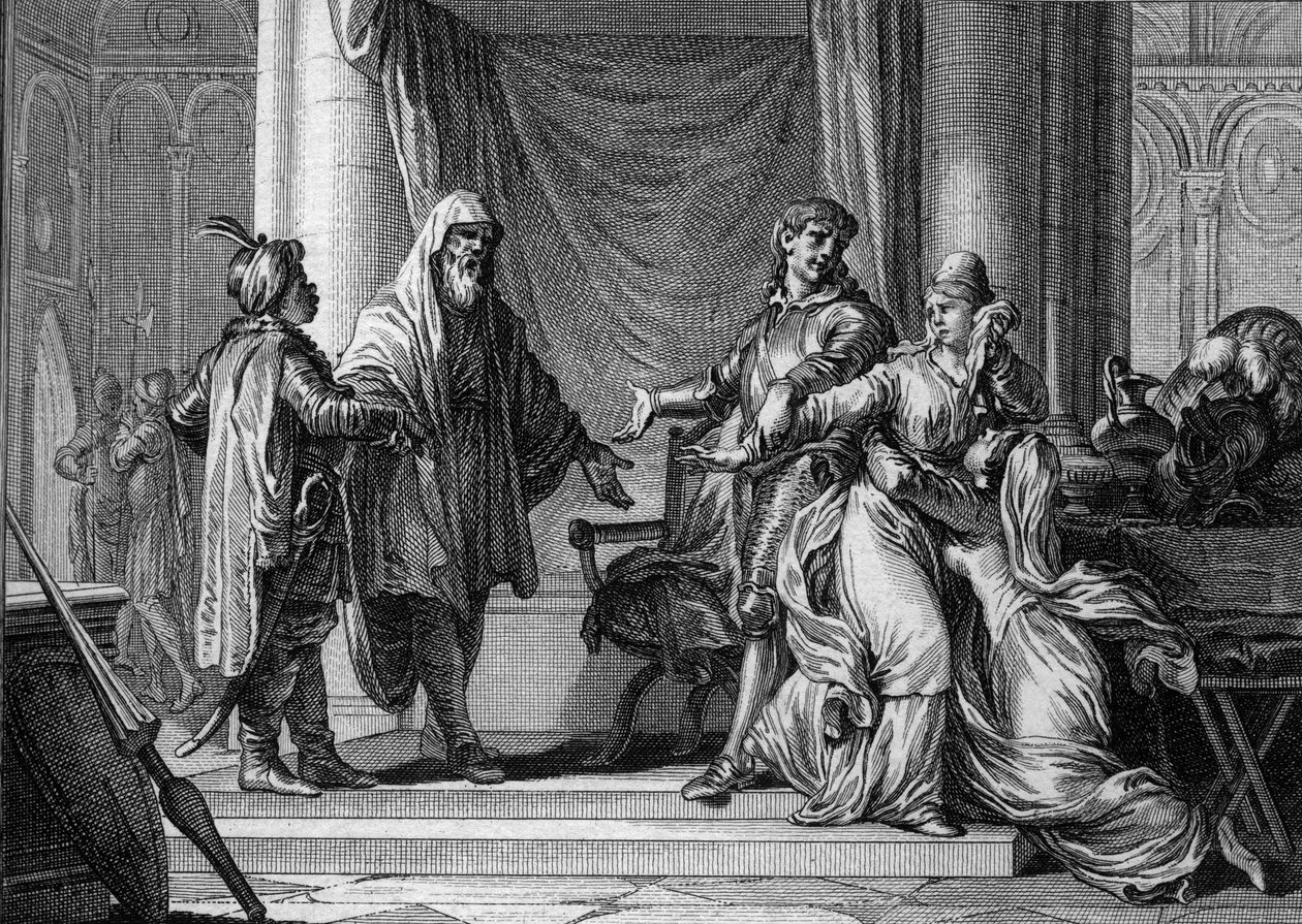 Princezna z Akvitánie, Lampagie, byla násilně provdána svým otcem (Eudes) za maurského kapitána Munuzu (Uthman ibn Naissa), aby zajistila mír se Saracény, 730. Rytina Jean Michel Moreau, dit Moreau le Jeune (1741-1814 ) od Jean Michel the Younger Moreau