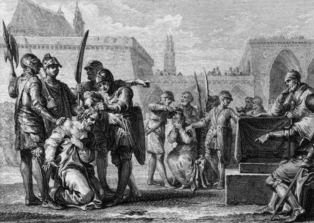 Thierry III. (651-691), král Franků, a Ebroin (zemřel roku 681), starosta Neustrijského paláce, byli koseni obyvatelstvem nepřátelským k oběma mužům. 669. Rytina Jean Michel Moreau, dit Moreau le Jeune (1741- 1814) od Jean Michel the Younger Moreau