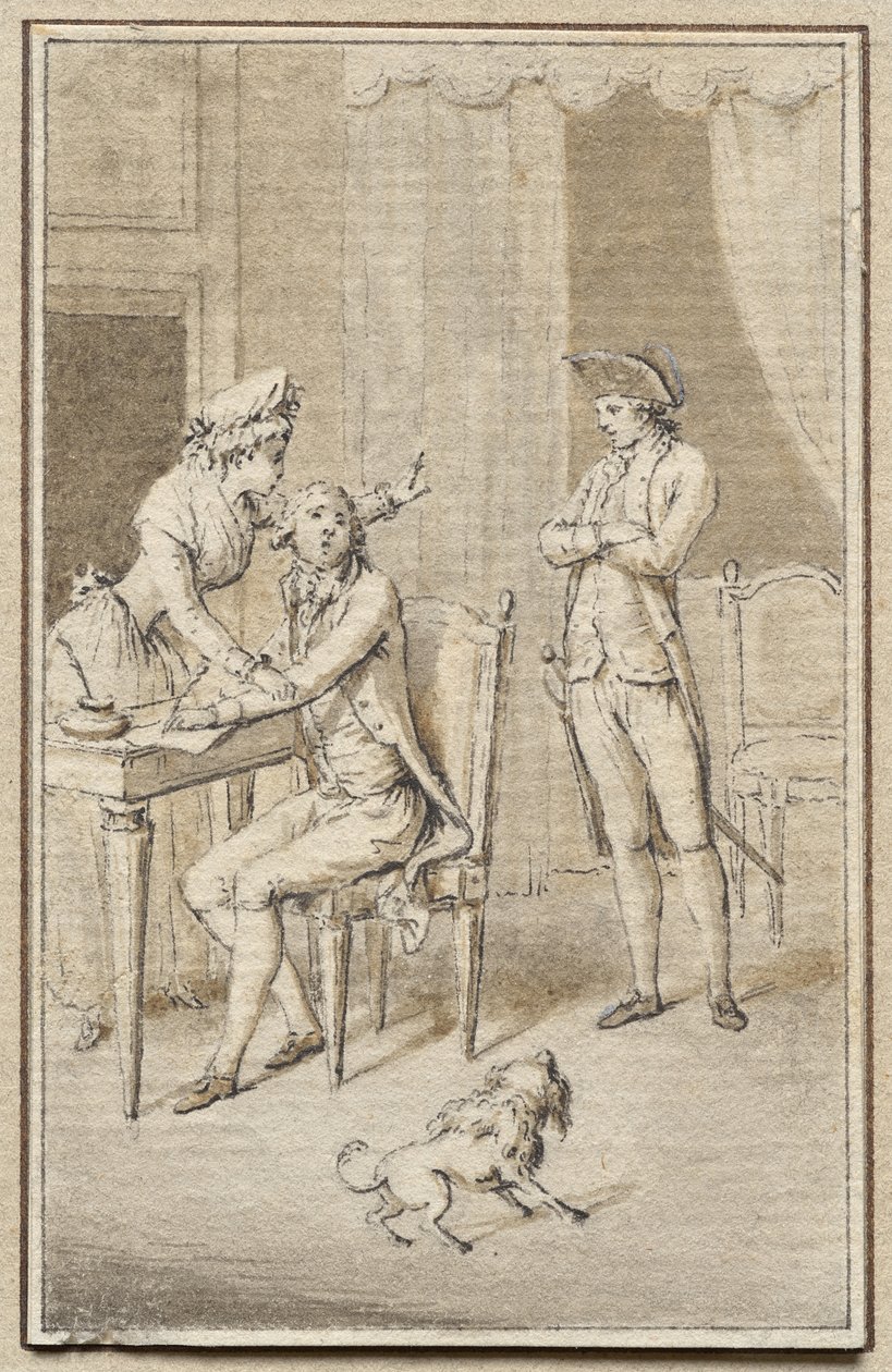 Tři postavy se psem od Jean Michel the Younger Moreau