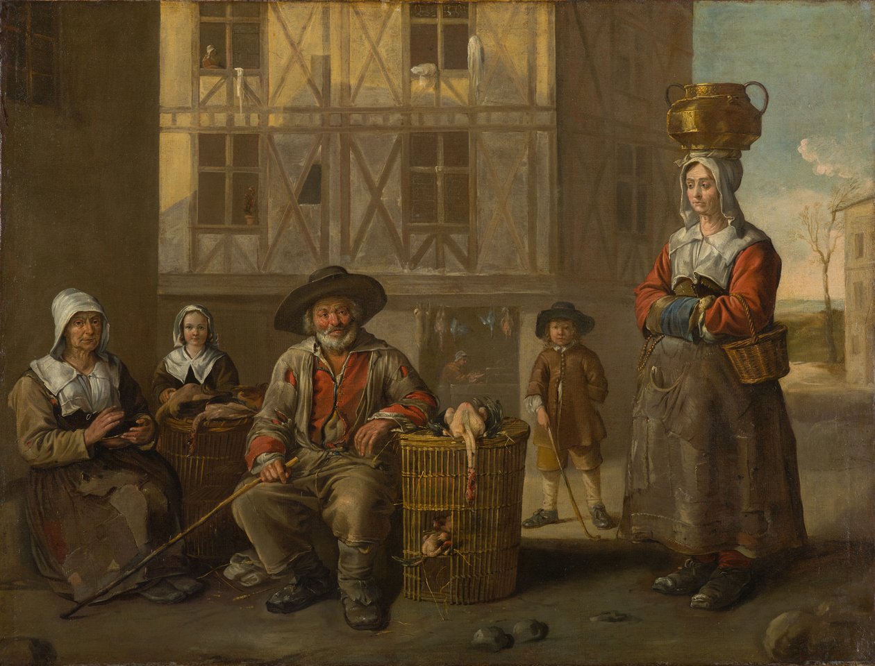 Obchodník s drůbeží a stará žena ohřívající si ruce, kolem roku 1652 (olej na plátně) od Jean Michelin