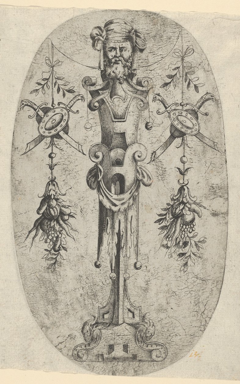 Mužská konečná postava, hlava s plnovousem a turban na tříčtvrtečním páskovém pede..., ca. 1543-45. od Jean Mignon