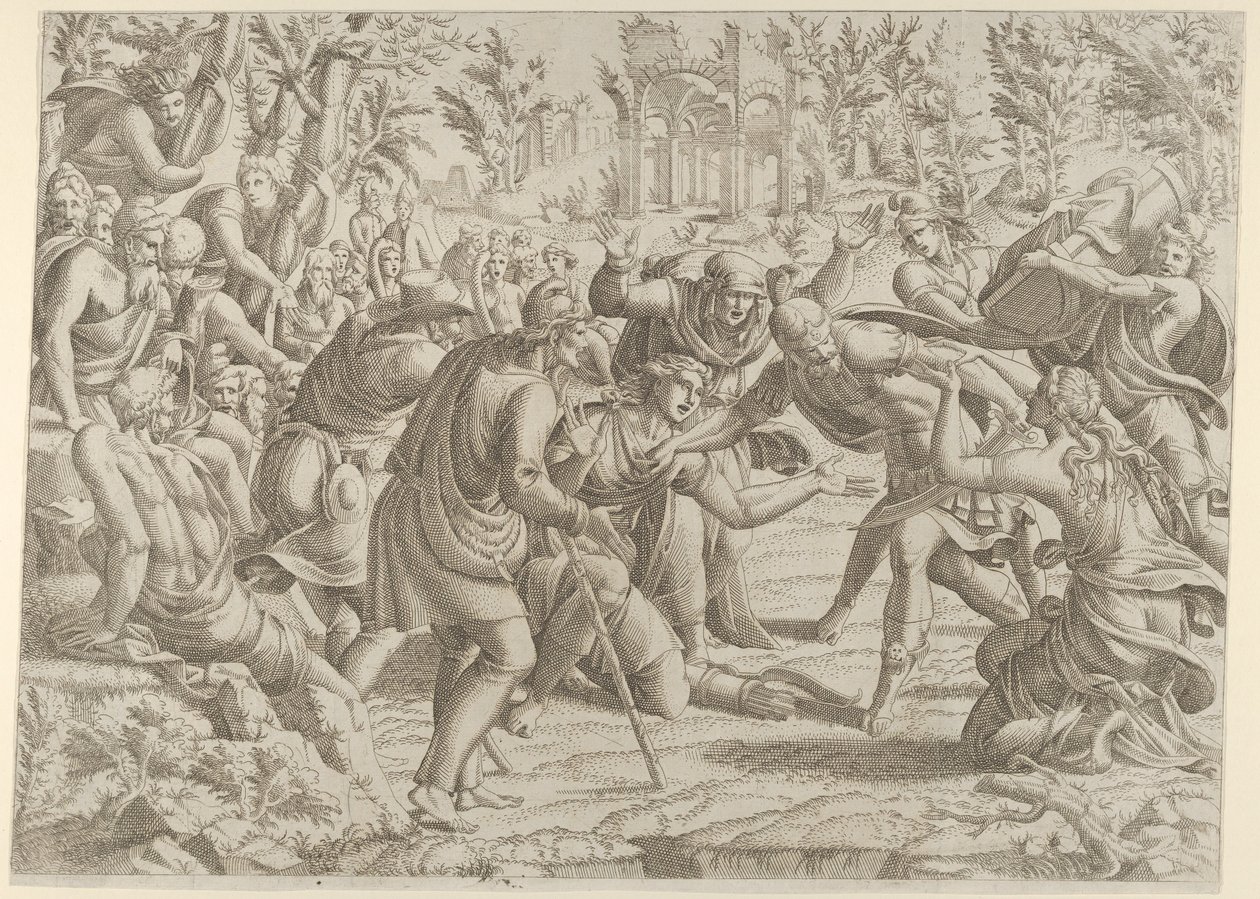 Zrádná Sinon, kterou pastýři přivedli do Trajanova tábora, 1535-55. od Jean Mignon