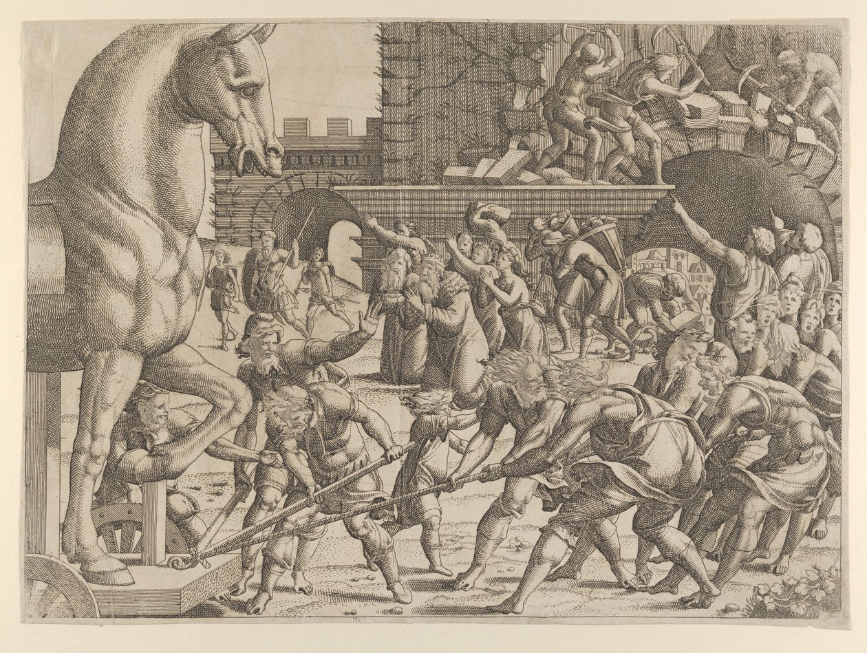 Trojané přinášejí dřevěného koně do svého města, 1535-55. od Jean Mignon