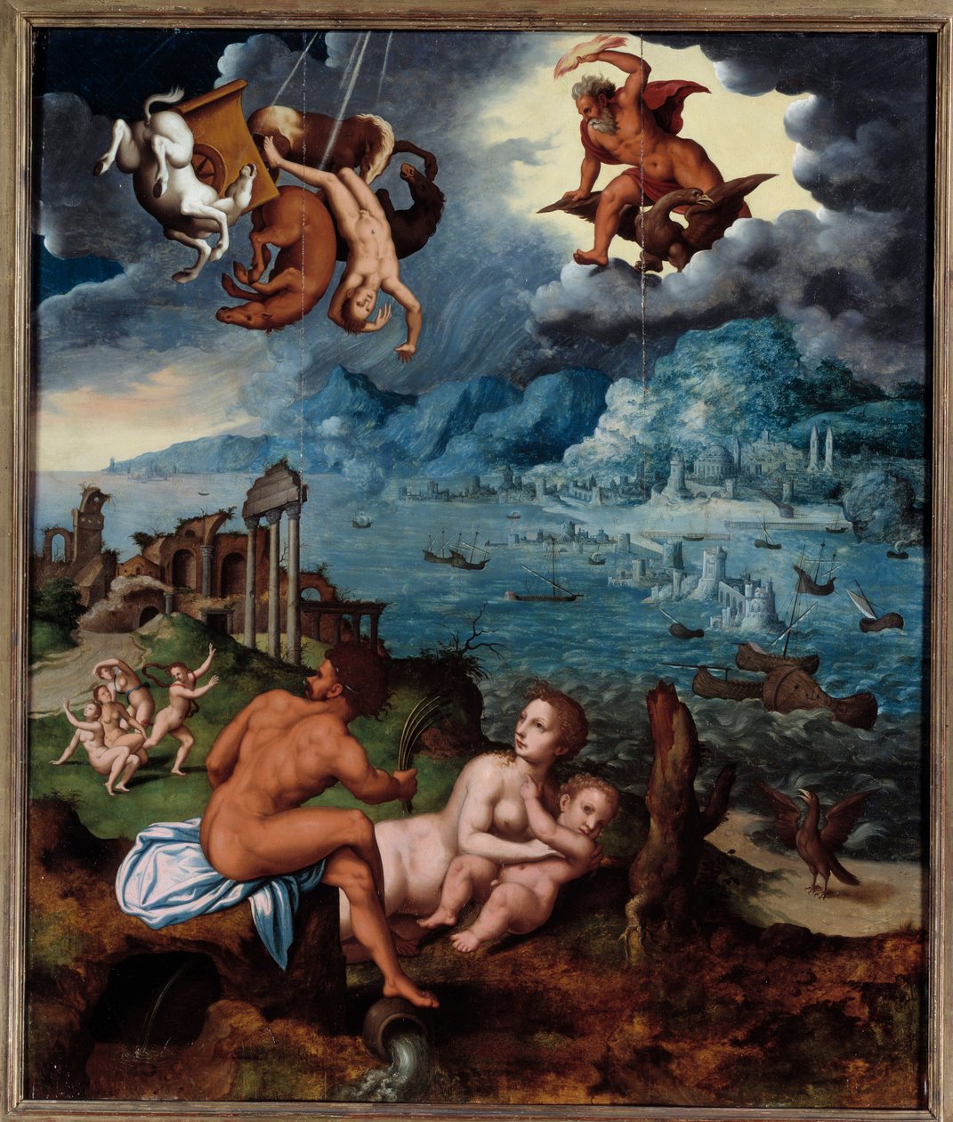 Pád Phaeton Phaeton (Phaethon), neschopný ovládat tank Helios, byl zasažen Zeusem a spadl do řeky Eridan. Obraz Clauda Mignona (1535-1555) Rouen 16. století, Musee des Beaux Arts od Jean Mignon
