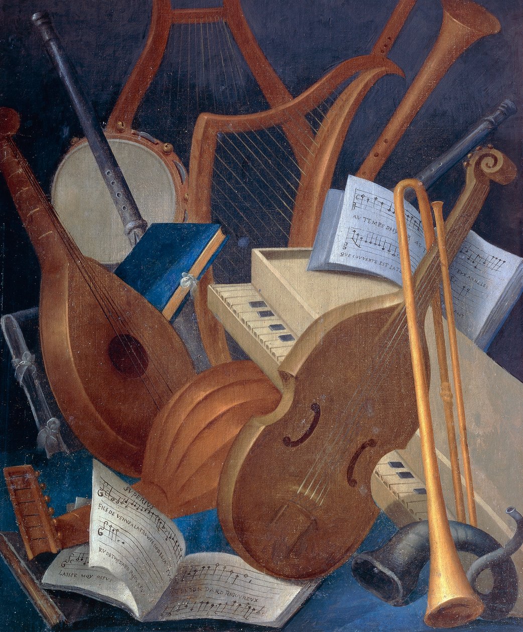 Hudební nástroje, detail z Alegorie hudby, desková malba Jeana Mosniera (1600-1656). Zámek Beauregard, Loir-et-Cher, Francie. od Jean Monier or Mosnier