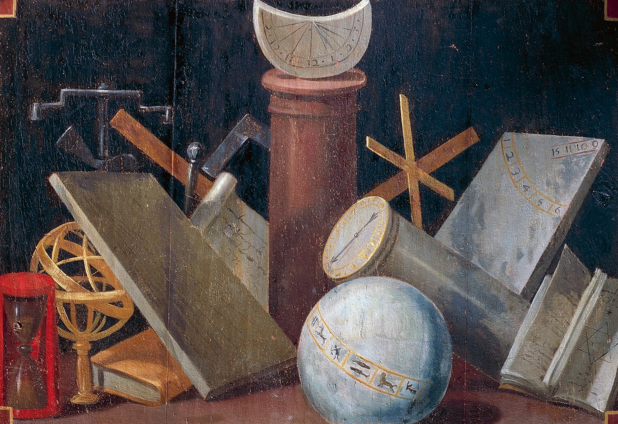 Vědecké a astronomické přístroje, cca 1620, desková malba Jeana Mosniera (1600-1656). Zámek Beauregard, Loir-et-Cher, Francie. od Jean Monier or Mosnier