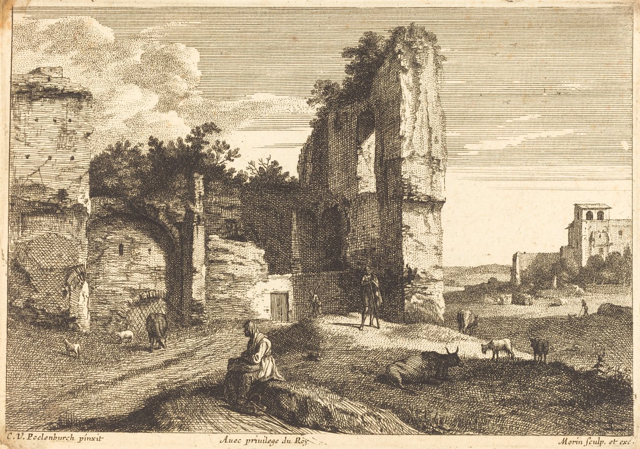 Stará žena sedí od Jean Morin after Cornelis van Poelenburch