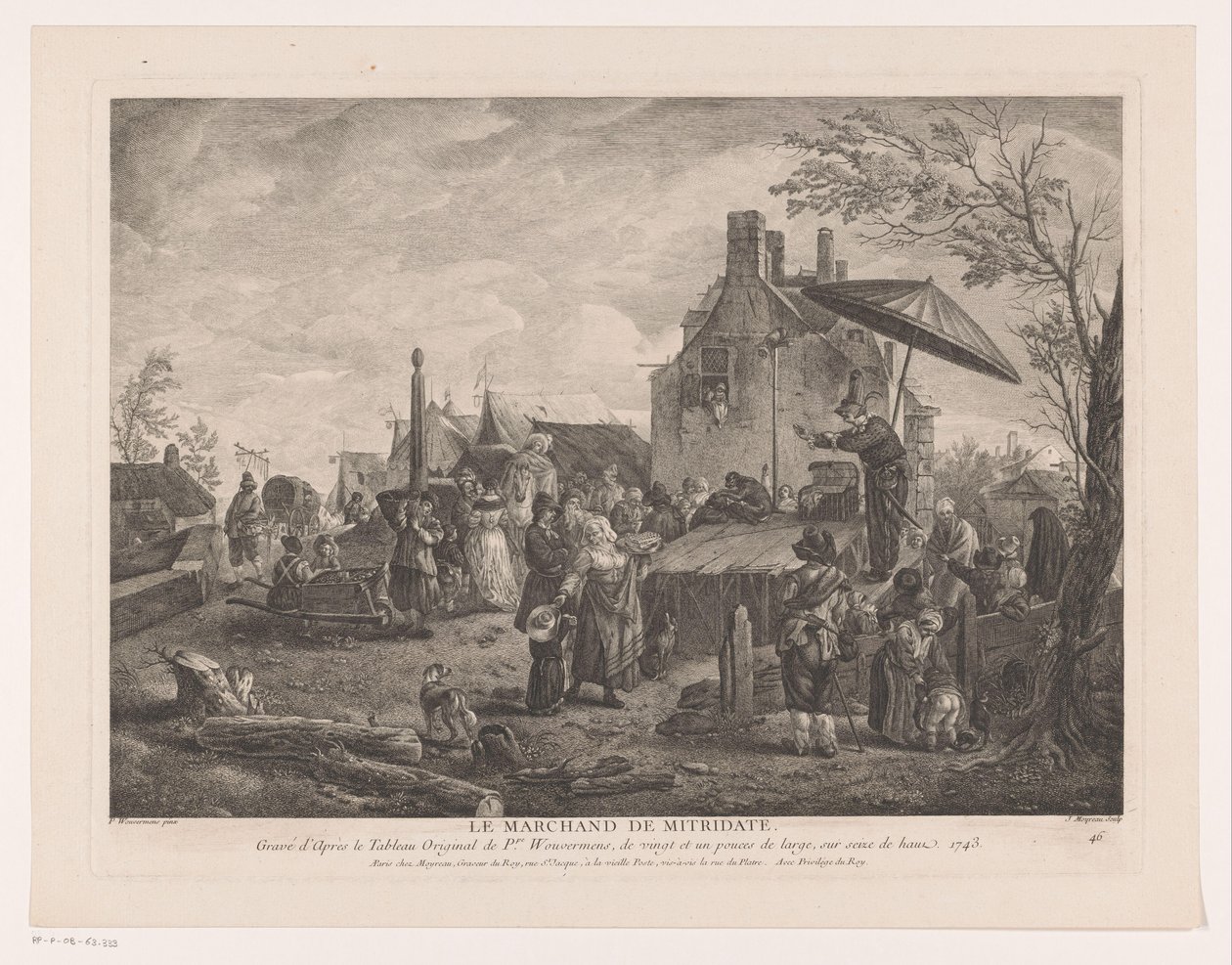 vesnické divadlo Le Marchand de Mitridate (název na objektu) Tisky po obrazech od Philipse Wouwermana (název série) Oeuvres de Ph.pe Wouwermans Hollandois (název série) od Jean Moyreau