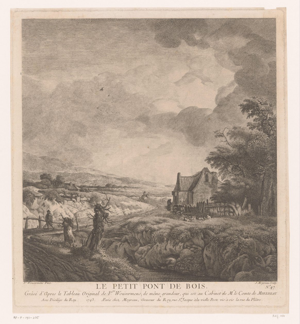 Krajina s domem podél cesty přes most Le petit pont de bois (název na objektu) Tisky po obrazech od Philipse Wouwermana (název série) Oeuvres de Ph.pe Wouwermans Hollandois (název série) od Jean Moyreau