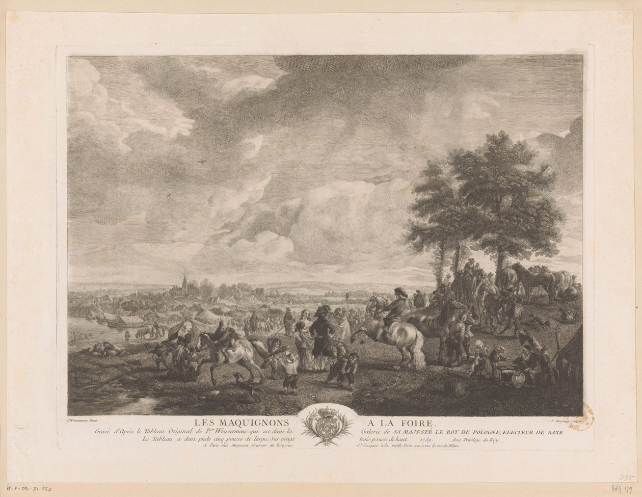 Krajina s koňskými obchodníky na trhu Les Maquignons à la Foire (název na objektu) Tisky po obrazech od Philipse Wouwermana (název série) Oeuvres de Ph.pe Wouwermans Hollandois (název série) od Jean Moyreau