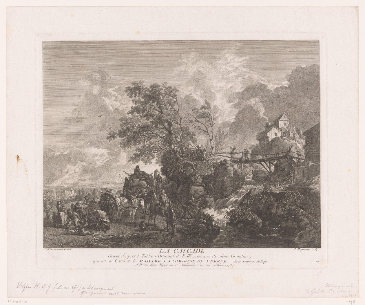Krajina s cestovateli u vodopádu La cascade (název na objektu) Tisky po obrazech od Philipse Wouwermana (název série) Oeuvres de Ph.pe Wouwermans Hollandois (název série) od Jean Moyreau